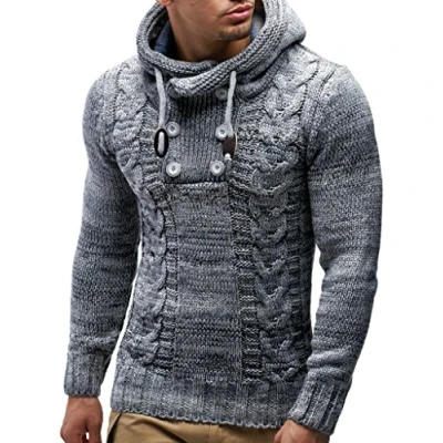 Image of Leif Nelson Men&#039;s Pullover Knit Sweater Hooded Hoodie LN 20227 Grey Large