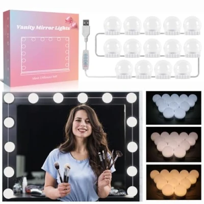 Image of Akynite Mirror Lights 14 Bulbs Hollywood Style with USB Cable, 3 Colour Changing &amp; 10 Brightness, Long Stick On for Makeup, LED Vanity Dressing Table (No Adapter)