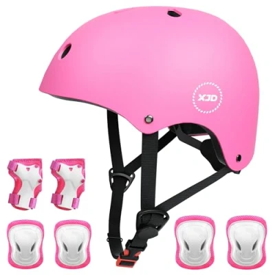 Image of XJD Kids Bike Helmet Protective Gear Set Age 2 13 years Knee Pads Elbow Wrist Guards and Adjustable Skateboard Helmets for Scooter Cycling Roller Skating Boys Girls (Pink, S)