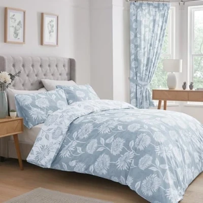 Image of Dreams &amp; Drapes Blue Chrysanthemum Duvet Cover Single Bedding Size Reversible (2 Colours) Easy Care Washable Light Floral Flower Sets