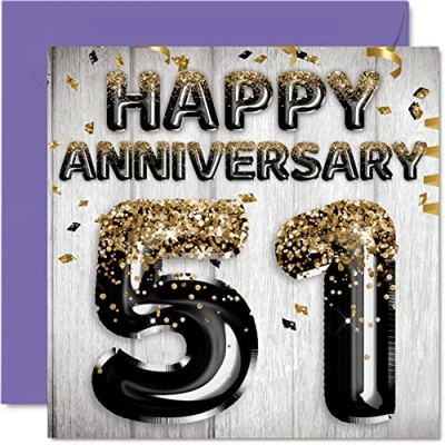 Image of Awesome 51st Anniversary Card for Husband Boyfriend Wife Girlfriend Black Gold Glitter Balloons Happy 51 Cards from Family, 145mm x Greeting Fifty First Anniversaries