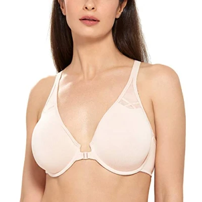 Image of Delimira Women&#039;s Front Fastening Bras Underwire Non Padded Plunge Racer Back Comfort Plus Size Bra Rose White 34C
