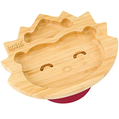Image of Bamboo Baby Plate and Toddler Plate, Suction for Feeding Weaning, Hedgehog with Secure Suction, Plates Babies from 6 Months (Hedgehog, Cherry)