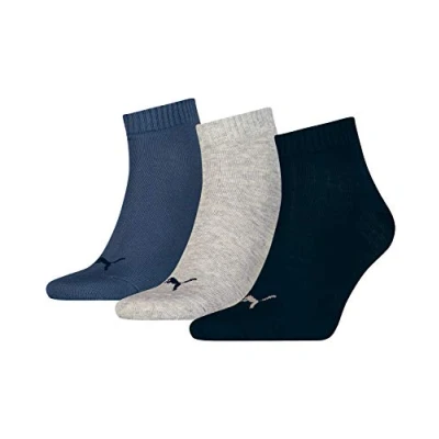 Image of PUMA Unisex Quarter Plain Socks (3 Pair Pack), Multicoloured (Navy/Grey/Nightshadow Blue), 6 8 (Manufacturer Size: 39 42), 271080001532039