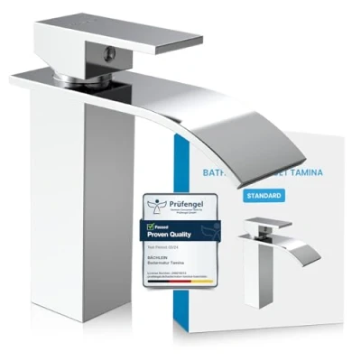 Image of Bächlein Water Tap for The Bathroom in Waterfall Design, Single Lever Mixer with Durable Ceramic Cartridge and Installation Set, Chrome Faucet