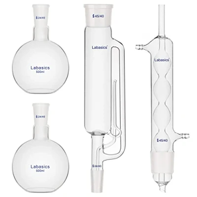 Image of Labasics 500 ml Soxhlet Type Extraction Apparatus, Borosilicate Glass 45/40 Extractor with Allihn Condenser and 2x Flat Bottom Flasks 24/40 Joint, Complete Unit, 4 Pack