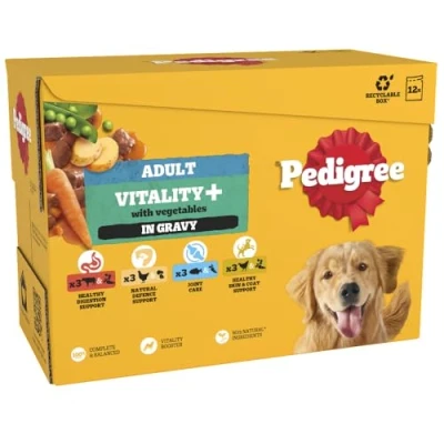 Image of PEDIGREE Adult Dog Food Pouches Vitality+ Chunks in Gravy 48 x 85 g Multipack