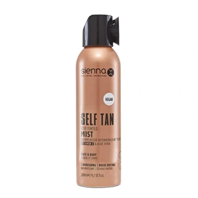 Image of Sienna X SLEEP Q10 Self Tan Mist 200ml. Vegan Friendly, Quick Drying and Streak Free Formula With Natural Results. Enriched Q10, Vitamin E Aloe Vera. Creates A Flawless Finish Over 8 Hours.