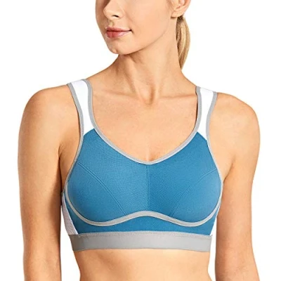Image of SYROKAN Women&#039;s Comfort Sports Bra High Impact for Large Breasts Wireless Stretch Support Bounce Control Peacock Blue 32D