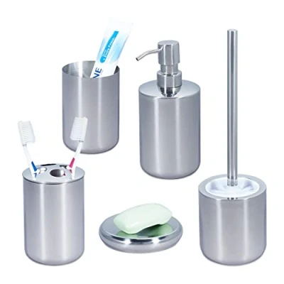 Image of Relaxdays 5 Piece Bathroom Set, Polished Stainless Steel, Complete Toilet Accessories, Modern, Silver