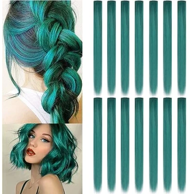 Image of IAMERUI Multi Colors Party Highlights Straight Hair Colorful Clip in Synthetic Extensions Multiple Heat Resistant Long Hairpiece 14 Pieces (Dark teal)