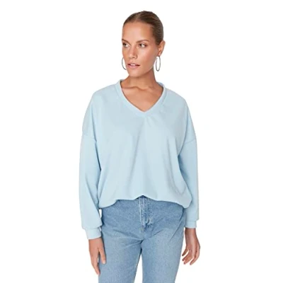 Image of Trendyol Women Basics Oversize Basic V Neck Knit Sweatshirt Light Blue