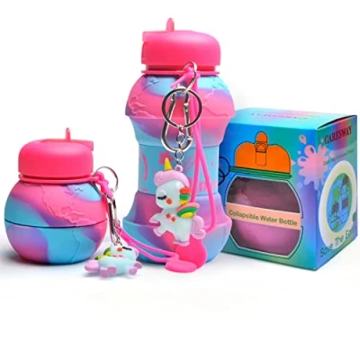 Image of CARESWAY Kids Water Bottle with Keyring 500ml Girls &amp; Boys Unicorn Drinks Foldable Collapsible BPA Free Childrens Bottles for School (Unicorn)