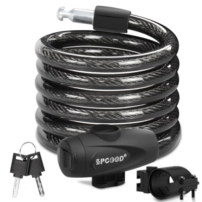 Image of SPGOOD Bike Lock 1200mm/12mm with 2 Keys,Bicycle Mounting Bracket,Steel Cycling Cable High Security,Lightweight Coiling for Bike,Scooter,Skateboard,Gate,Door (A Black)