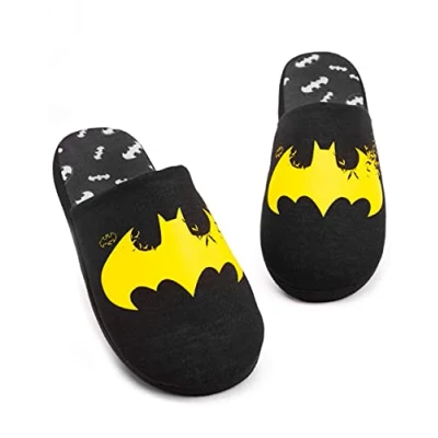 Image of DC Comics Batman Slippers for Men Adults Dark Knight Yellow Logo Black House Shoes Superhero Merchandise Him 9 10 UK