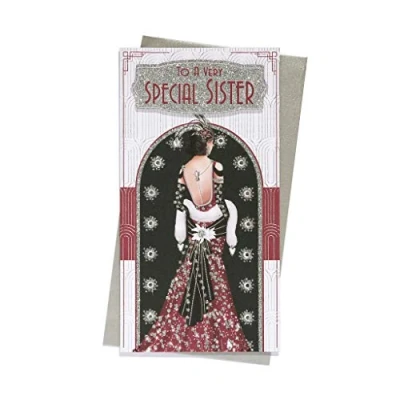 Image of Art Deco 1920&#039;s Flapper Lady Special Sister Glittered Slim Birthday Card