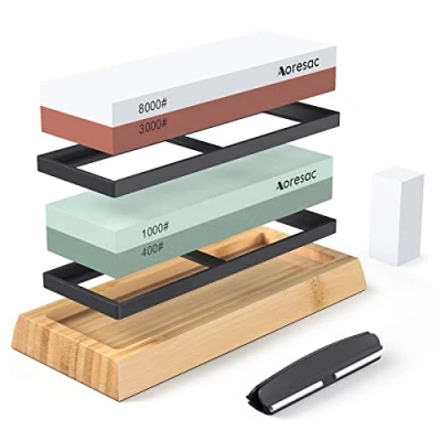 Image of Aoresac Knife Sharpener Set 400/1000, 3000/8000 Double Sided Whetstones with Bamboo Non Slip Base Fixed Whetstone (Style 2) 1)