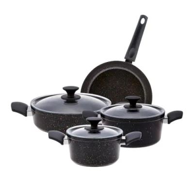 Image of Karaca 7 Piece BlackGold Cookware Set Non Stick Pots and Pans Set, 3 Biogranite with Glass Lids &amp; 1 Granite Frying Pan, PFOA Free, Dishwasher Safe, Pan