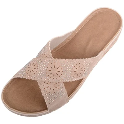 Image of ABSOLUTE FOOTWEAR Womens Cross Over Summer Holiday Diamante Slip On Mule Sandals Sliders Beige UK 5 / EU 38
