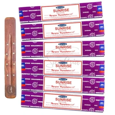 Image of Satya Nag Champa Sunrise incense sticks x6 pack with SAMASIA holder Used for Aromatherapy, Spa, Yoga, Weddings, Meditation, Healing, Positivity and Relaxation