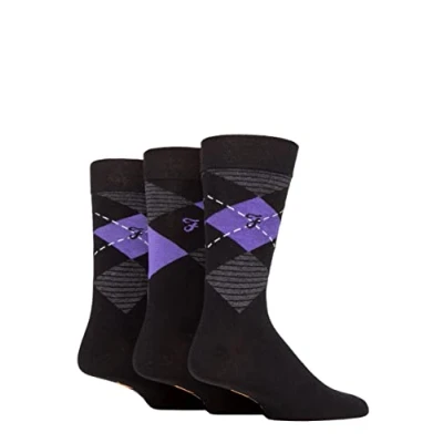 Image of Mens 3 Pair Farah Argyle, Patterned and Striped Cotton Socks Black / Purple Argyle 6 11