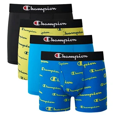 Image of Champion boys Everyday Active Stretch Boxer Briefs, Assorted 4 Pack, Black/Blue/Scripts, L