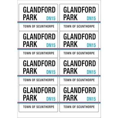 Image of Glandford Park DN15 Scunthorpe Road Sign Rectangular Matt Paper Stickers A4 Sheet of 8 (Each Sticker is 99mm x 68mm)