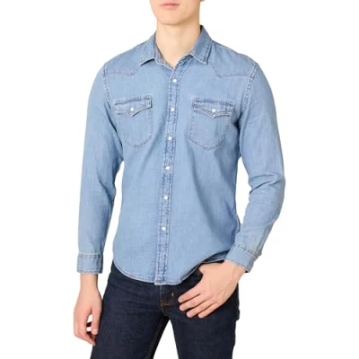 Image of Amazon Essentials Men&#039;s Slim Fit Long Sleeve Denim Shirt, Light Blue, XL
