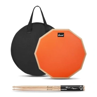 Image of Sovvid 12 Inches Drum Pad and 5A Sticks, Double Sided Snare Practice for Drummers, Silent Adults Kids with Storage Bag Orange