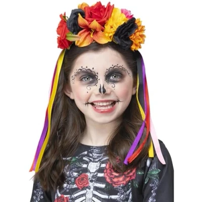 Image of Smiffys Kids DOTD Colourful Rose Headband, Halloween Child Fancy Dress, Day of The Dead Dress Up Hats
