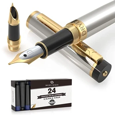 Image of Dryden Designs Fountain Pen Medium and Fine Nibs Includes 24 Ink Cartridges Refill Converter Calligraphy Pen, Consistent Writing, Smooth Flow Metallic Silver