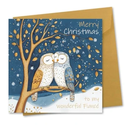 Image of Christmas card for Fiancé. Owls Design. Eco friendly &amp; UK Made. Verse Inside. 148x148mm size.