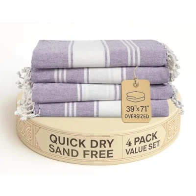 Image of LANE LINEN Beach Towels 4 Pack Oversized Cotton Rich Turkish Towel Set, Pre Washed Towel, Quick Dry For Travel, Large Pool Towels, 39&quot;x71&quot; Day Break