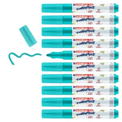 Image of edding 14 FUNTASTICS 10 colouring pens for children turquoise round nib 3 mm fun on light coloured paper and card washable from skin textiles