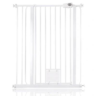 Image of Bettacare Pet Gate with Lockable Cat Flap, 87.9cm 95.5cm, White, 104cm in Height, Extra Tall Dog Safety Barrier Easy Installation