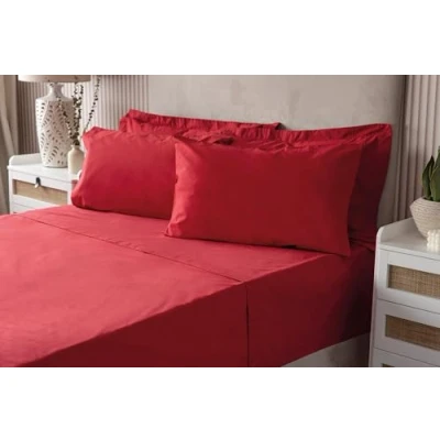 Image of Belledorm Red Fitted Sheet + Housewife Pillowcase Bundle Set, 200 Thread Count Percale, Mattress Depth 28cm (King Size, Red)