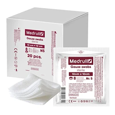 Image of Medrull Sterile Gauze Swabs, Pack of 100 (20 x 5 Pieces) 8 Ply, 10 cm cm, Absorbent Dressings, Bandage Material, Bandages, Wound Dressings