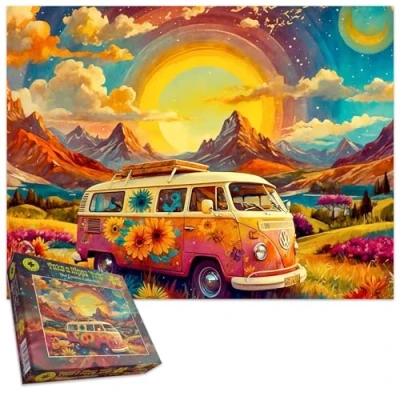 Image of Take a Hippy Trip 1000 Piece Jigsaw Puzzle Vibrant Campervan Adventure with Stunning Landscape For Adults Size 66 x 50 CM