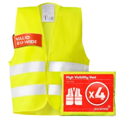 Image of PURAHELP High Visibility Vest 4 Pack Reflective Safety Vests EN ISO 20471 Certified Yellow Universal Fit Vis Hi