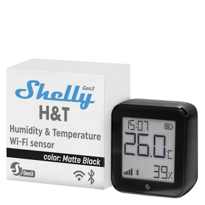 Image of Shelly H&amp;T Gen3 Black Wi Fi and Bluetooth Smart Temperature &amp; Humidity Sensor with Remote App Control Monitoring Scenes Notification Alerts LCD Display Free Data Storage Export