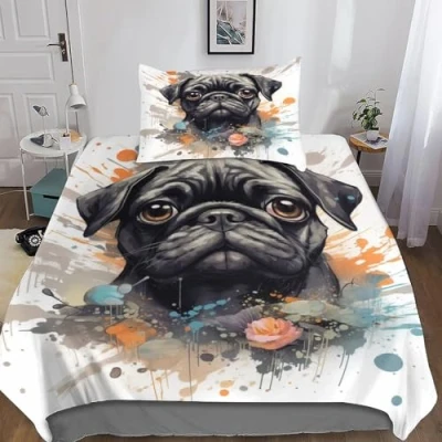 Image of Pug dog Duvet Cover Sets 3D Printed Graffiti Art Quilt Set 3 Pieces Bedspread Bedroom Bedding Double Bed Single（135x200cm）