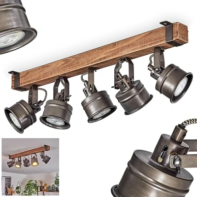 Image of Ceiling lamp Pehefito, Modern Made of Wood/Metal in Brown/Black, Industrial Design with Wooden Beams and Adjustable lampshades, 5 Flame, x GU10, Without Bulbs