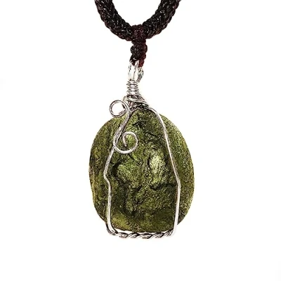Image of Moldavite Crystal Necklace,Raw Czech Meteorite Stone Birthstone Pendant,Green,Irregualr Shape,Wire Wrap