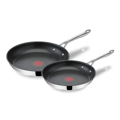 Image of Tefal Jamie Oliver Cook&#039;s Direct Stainless Steel Pan Set, 24 &amp; 28cm Frying Pans, Non Stick Coating, Heat Indicator, Riveted Safe Grip Handle, Induction Hob Compatible, E304S244