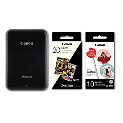Image of Canon Zoemini Instant Mini Photo Printer (Black) + pack of 20 sheets 10 circle stickers