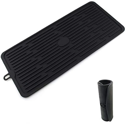 Image of fuxunamz Dish Drying Mat, Silicone Black (44 x 20 cm), Non Slip Drainer Sink, Heat Resistant, Dishwasher Safe, for Storing Cutlery, Crockery, Bottles
