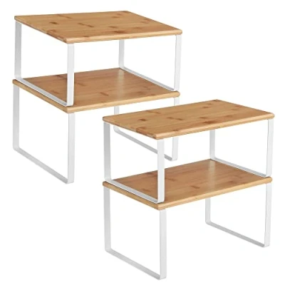 Image of SONGMICS Kitchen Cupboard Organisers, Set of 4 Counter Storage Shelves, Stackable, Expandable Spice Racks, Metal and Bamboo, White Natural KCS010N01