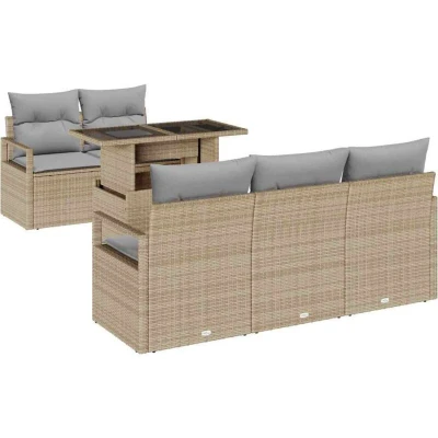 Image of vidaXL 6 Piece Garden Sofa Set with Cushions Beige Poly Rattan
