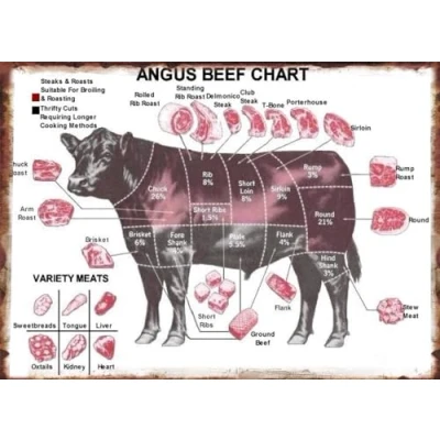 Image of Chart Meat Cuts Diagram Tin Sign Poster Retro Painting for Street Garage Family Restaurant Bar Cafe People Cave Farm Wall Decoration Crafts Metal 8x12inch,Multi