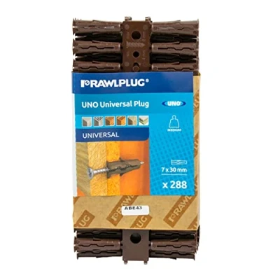 Image of Rawlplug Uno Universal Contract Wallplug 7 mm Brown Rawl Plugs for Plasterboard, Masonry, Brick, Concrete Solid Wall Plug Anti Rotation Features Plasterboard Fixings Pack of 288